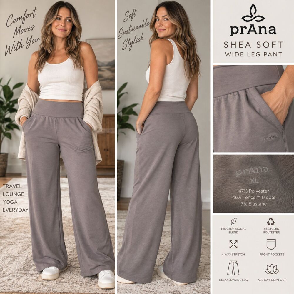 prAna Shea Soft Wide Leg Pants Women’s XL Taupe Gray TENCEL Stretch 2057271